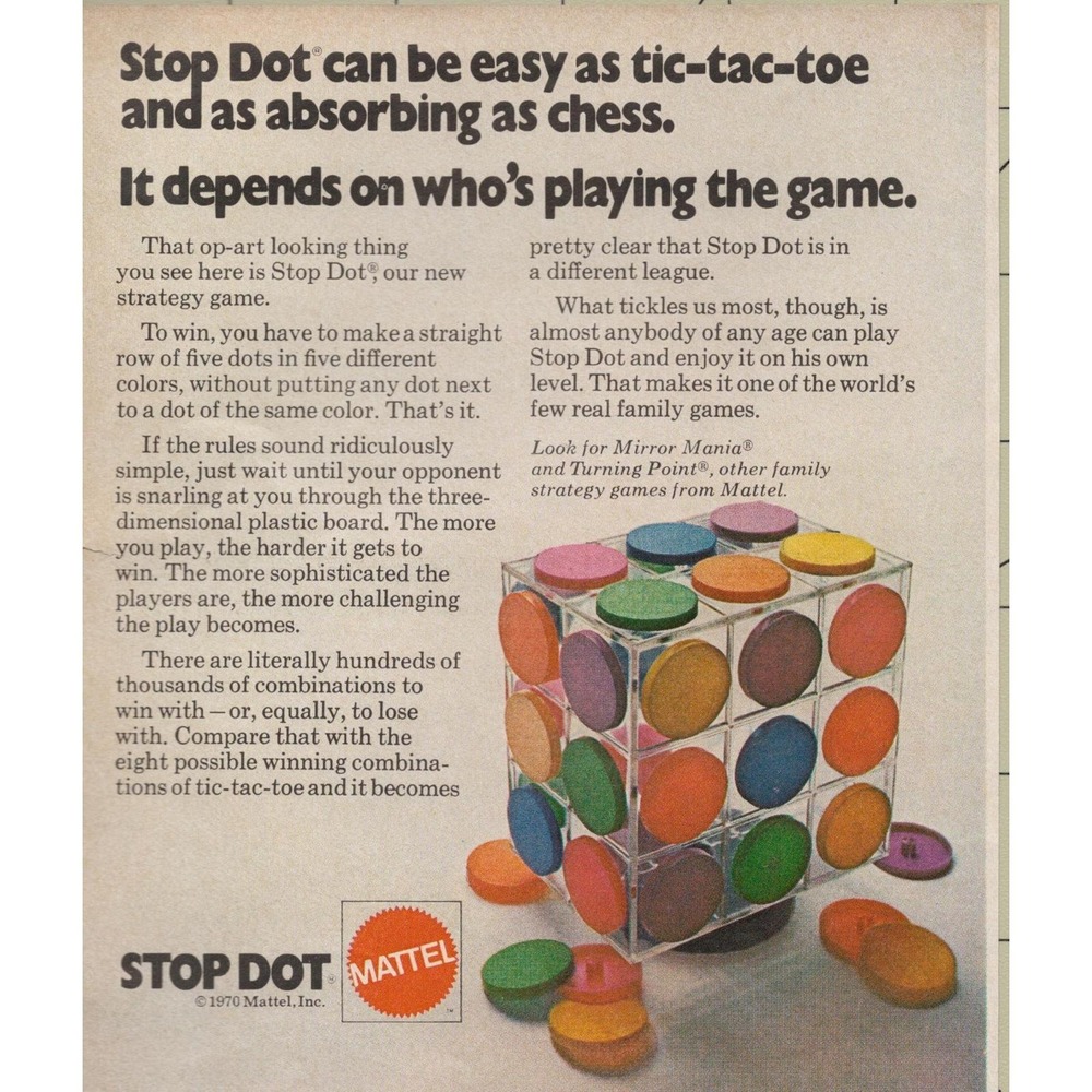 Stop Dot Strategy Game Mattel Family Strategy Board Game Vintage Print Ad 1970
